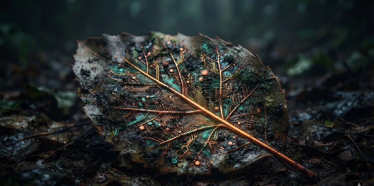 A decaying leaf on a wet forest floor, its veins running into copper and verdigris circuit traces.